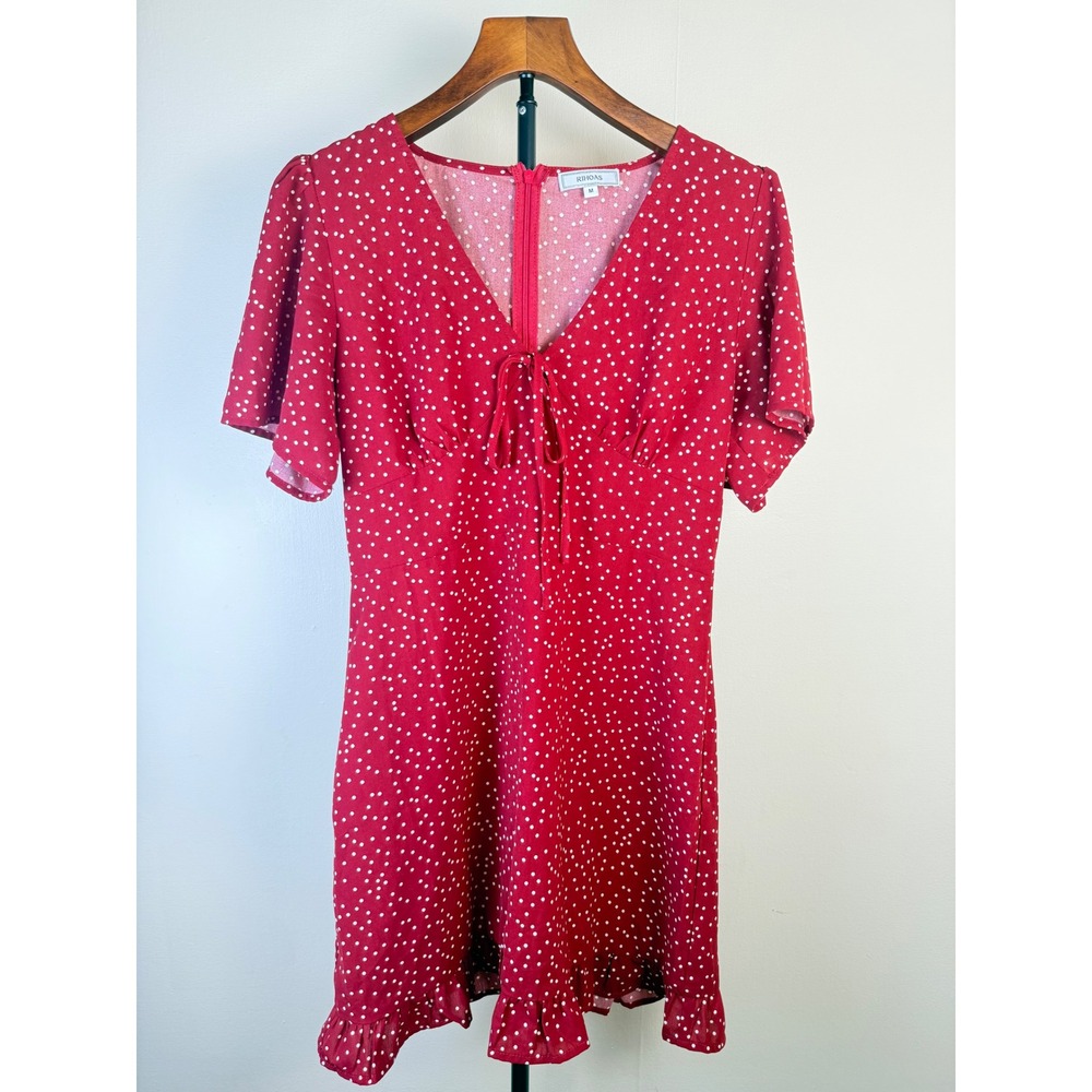 Rihoas Womens The Red V Neck Polka Dot Flounce Mini Dress Medium Flowy Summer - Picture 6 of 16
